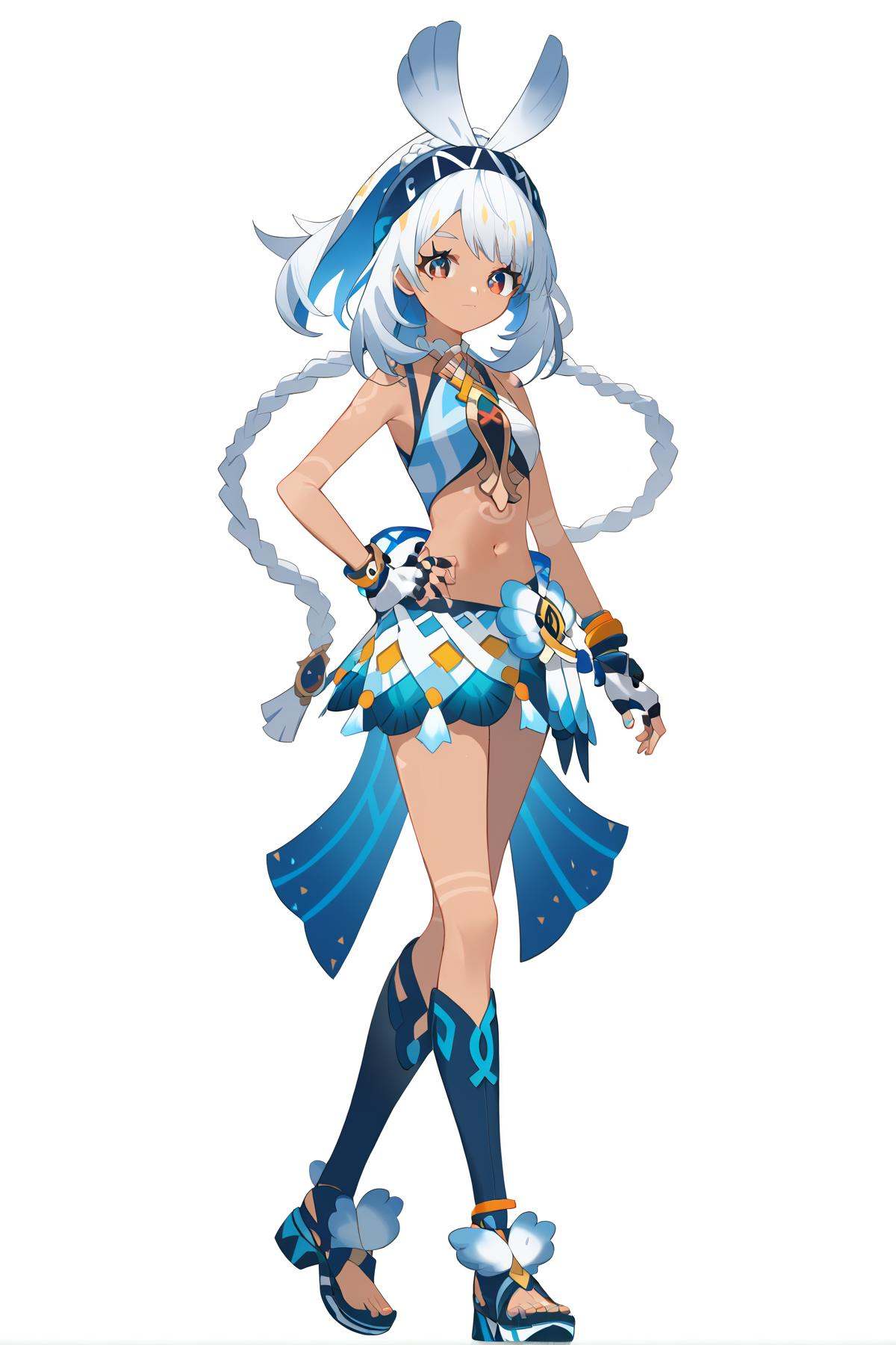 score_9, score_8_up, score_7_up, score_anime, nai3, <lora:YLI 0.1v:0.5>, <lora:style1:0.5>, *****, 8k, best quality, masterpiece, (ultra-detailed), (white background,simple background), solo, (full body:1.1), looking at viewer, hand on own hip, <lora:mualani-pony-Tanger:0.8>, hairband, mualani, default clothes, 1girl, fingerless gloves, looking at viewer, navel, long hair, twin braids, dark skin, 