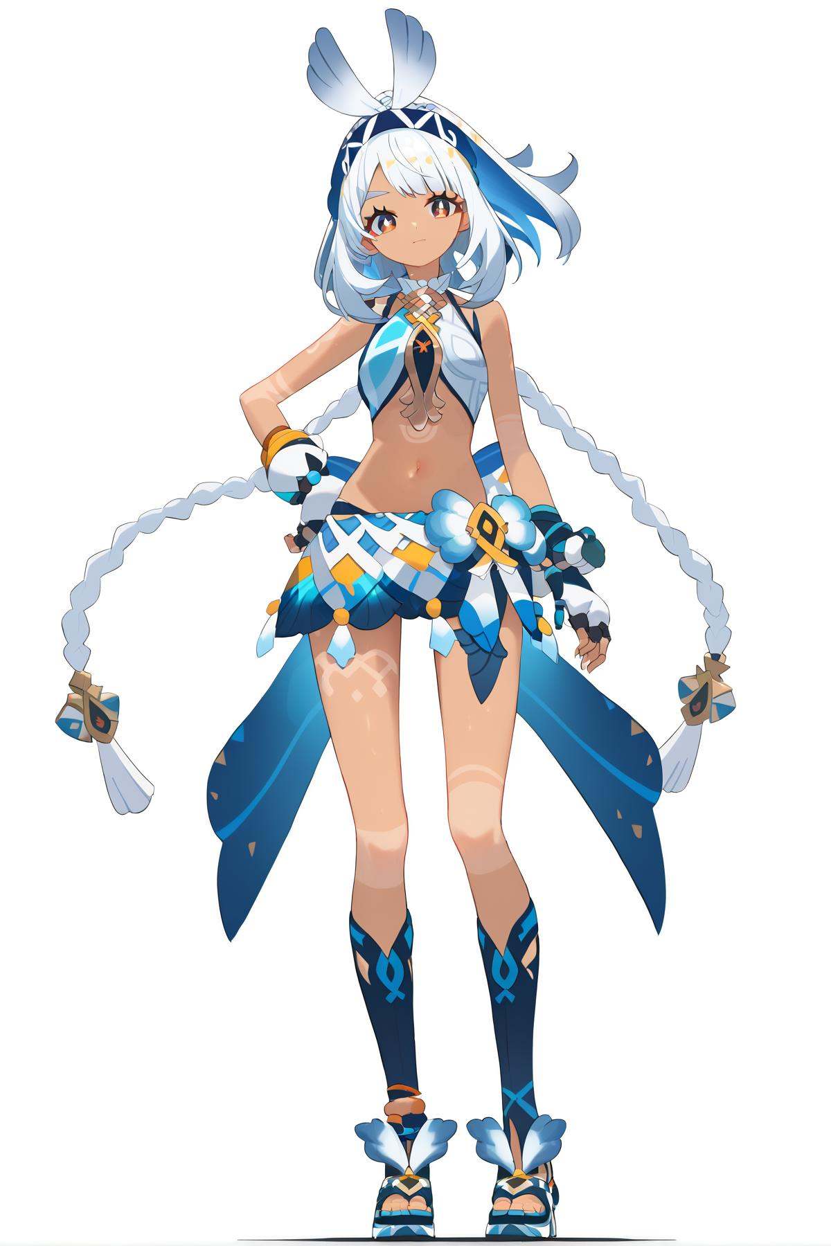 score_9, score_8_up, score_7_up, score_anime, nai3, <lora:YLI 0.1v:0.5>, <lora:style1:0.5>, *****, 8k, best quality, masterpiece, (ultra-detailed), (white background,simple background), solo, (full body:1.1), looking at viewer, hand on own hip, <lora:mualani-pony-Tanger:0.8>, hairband, mualani, default clothes, 1girl, fingerless gloves, looking at viewer, navel, long hair, twin braids, dark skin, 