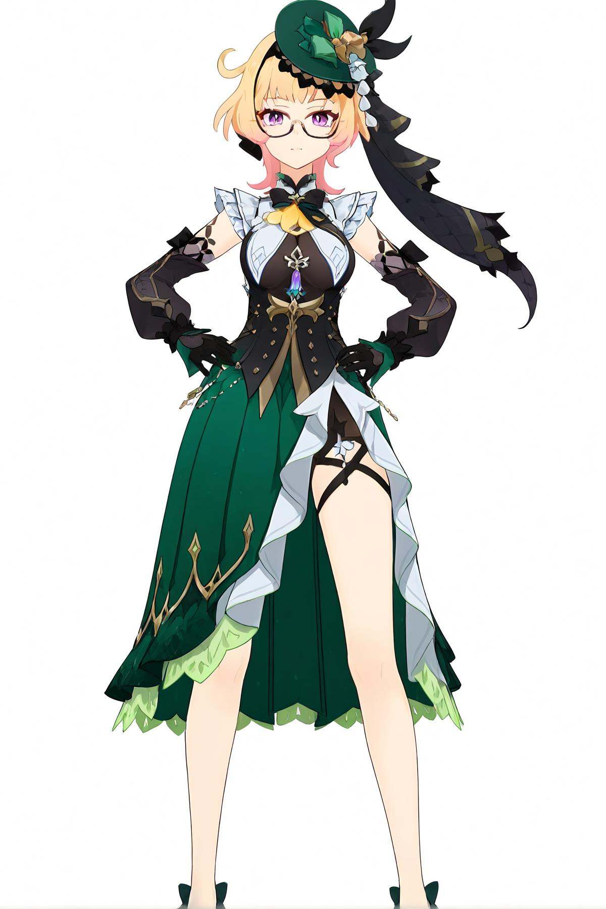 score_9, score_8_up, score_7_up, score_anime, nai3, <lora:YLI 0.1v:0.5>, <lora:style1:0.5>, *****, 8k, best quality, masterpiece, (ultra-detailed), (white background,simple background), solo, (hands on hip:1.1), (full body:1.1), looking at viewer, <lora:Emilie-a3-Tanger:0.8>, Emilie, default clothes, green dress, 1girl, hat, blonde hair, black gloves, glasses, green headwear, purple eyes, multicolored hair, Split skirt side, detached sleeves, 