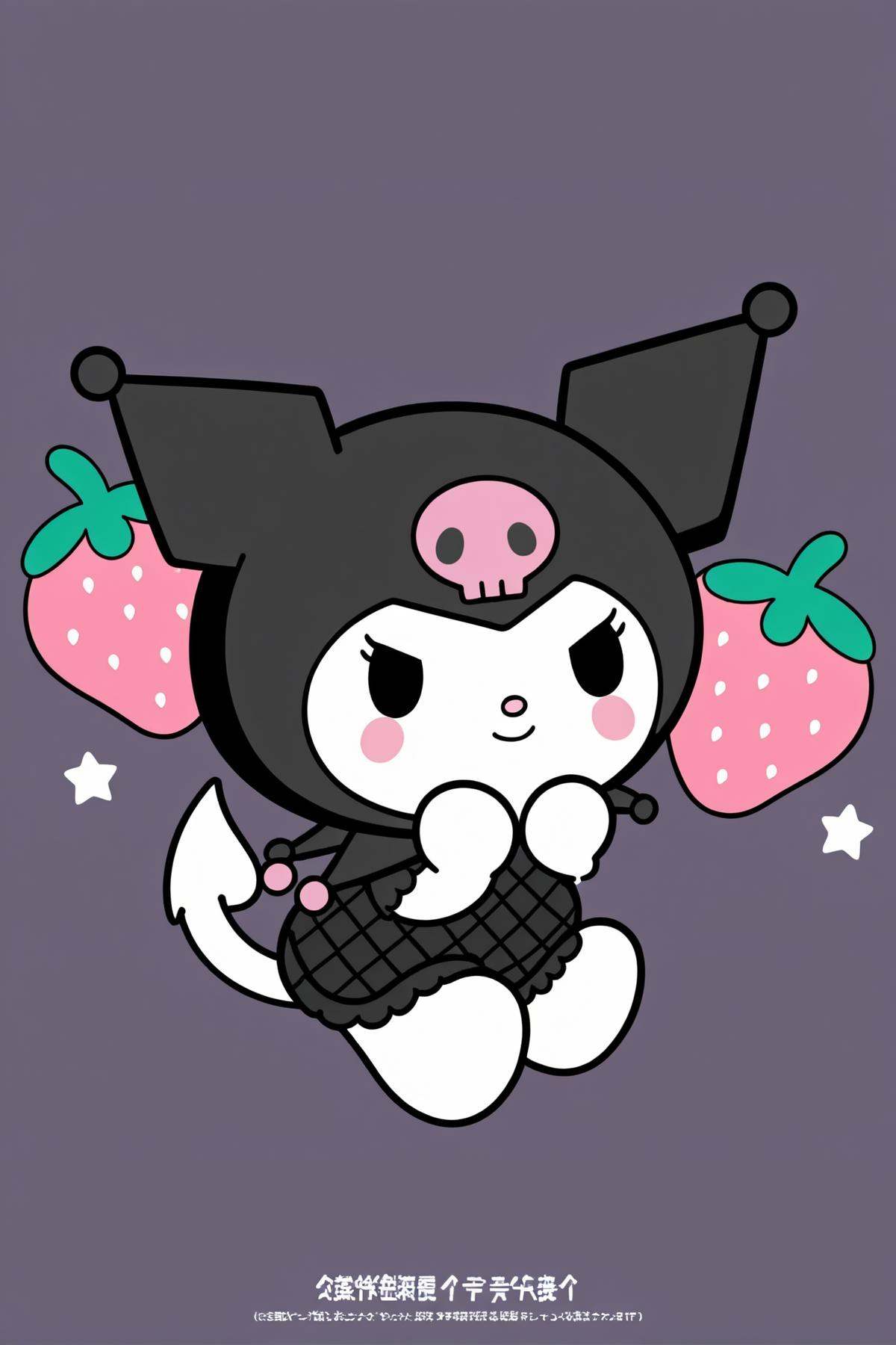 8k, best quality, masterpiece, (ultra-detailed), (high detailed skin), full body, solo, looking at viewer,<lora:kuluomi-neta2-Tanger-000014:0.8>, kuluomi cat, default clothes, black cat ears, forehead skull mark, Black head covering, cute anime pet, no humans, animal focus,  flying, fruit, food, strawberry, heart