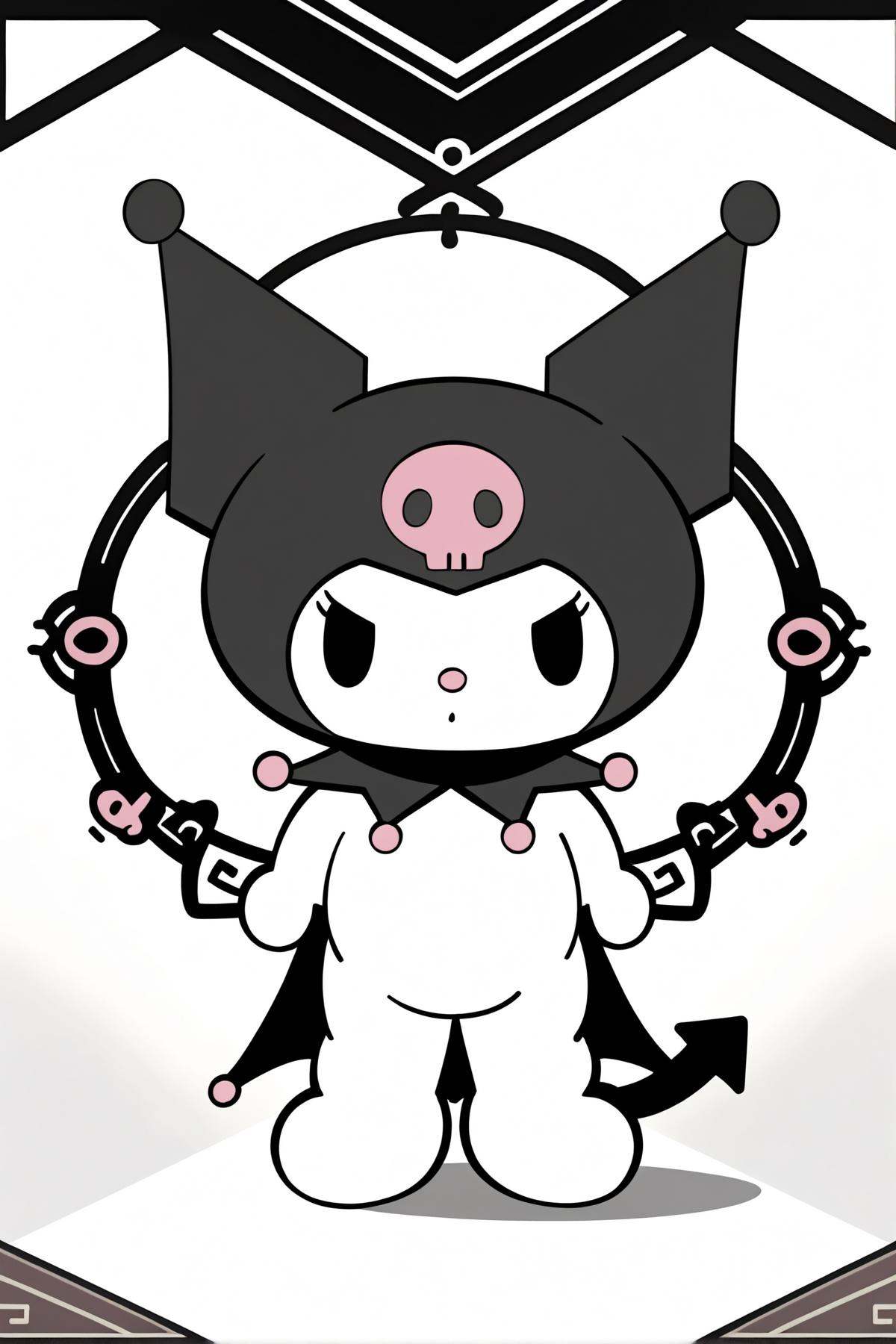 8k, best quality, masterpiece, (ultra-detailed), (high detailed skin), full body, white background, solo, looking at viewer, standing, <lora:kuluomi-neta2-Tanger-000014:0.8>, kuluomi cat, default clothes, black cat ears, forehead skull mark, Black head covering, cute anime pet, no humans, animal focus, 