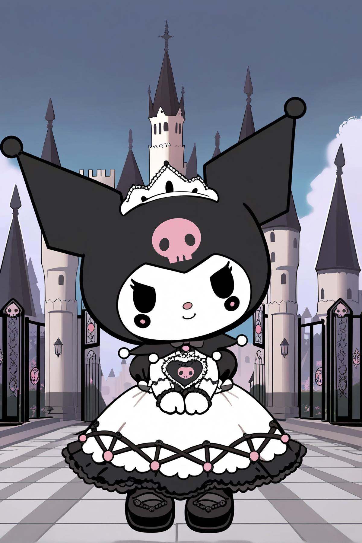 8k, best quality, masterpiece, (ultra-detailed), (high detailed skin), full body, solo, looking at viewer, <lora:kuluomi-neta2-Tanger-000014:0.7>, kuluomi cat, default clothes, black cat ears, forehead skull mark, Black head covering, cute anime pet, no humans, animal focus, castle, princess dress, white dress, 
