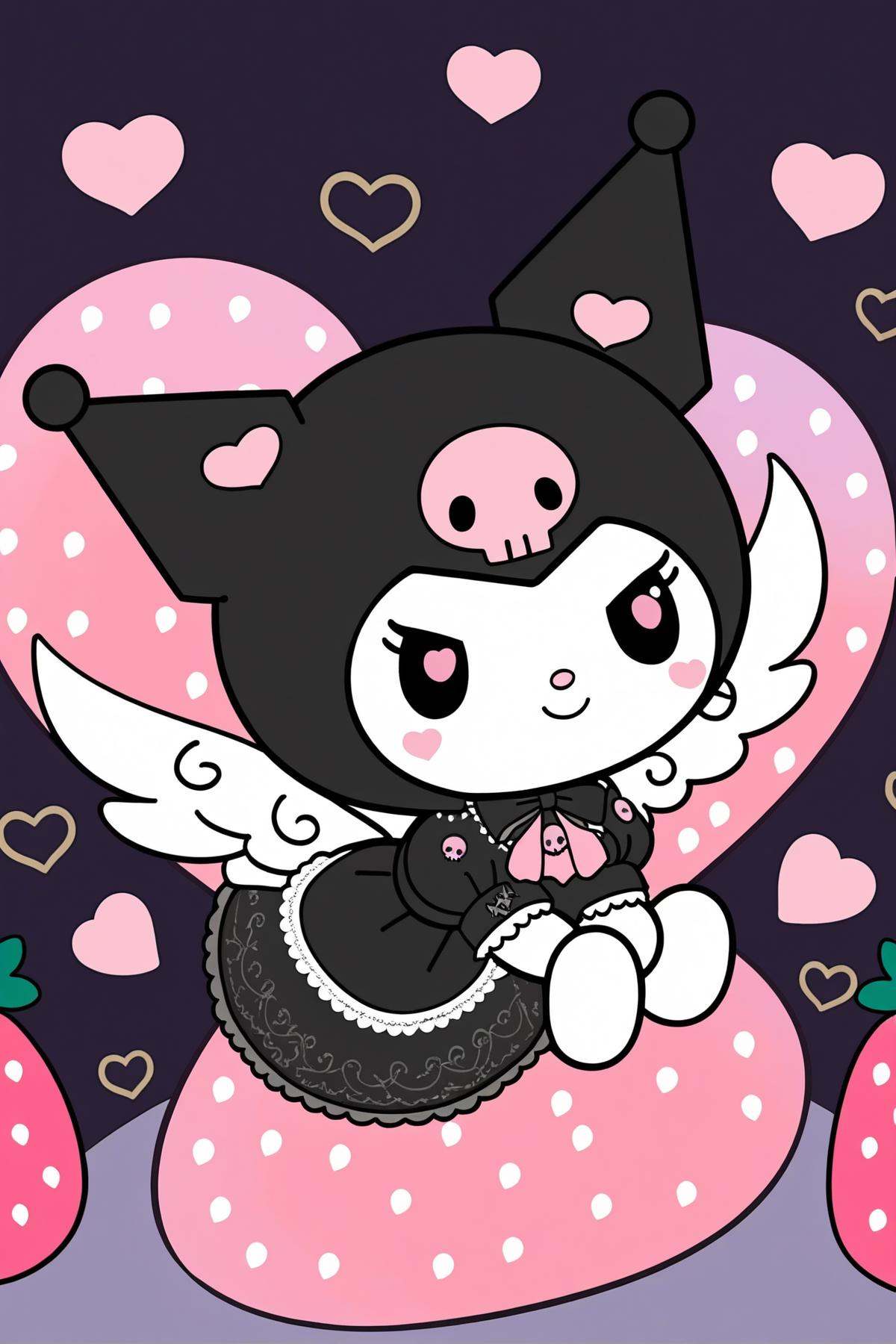 8k, best quality, masterpiece, (ultra-detailed), (high detailed skin), full body, solo, looking at viewer, <lora:kuluomi-neta2-Tanger-000014:0.7>, kuluomi cat, default clothes, black cat ears, forehead skull mark, Black head covering, cute anime pet, no humans, animal focus, flying, fruit, food, strawberry, heart, dress, 
