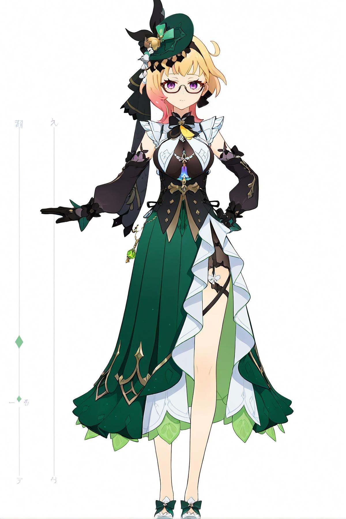 score_9, score_8_up, score_7_up, score_anime, nai3, <lora:YLI 0.1v:0.5>, <lora:style1:0.5>, *****, 8k, best quality, masterpiece, (ultra-detailed), (white background,simple background), solo, (hands on hip:1.1), (full body:1.1), looking at viewer, <lora:Emilie-a3-Tanger:0.75>, Emilie, default clothes, green dress, 1girl, hat, blonde hair, black gloves, glasses, green headwear, purple eyes, multicolored hair, Split skirt side, detached sleeves, 