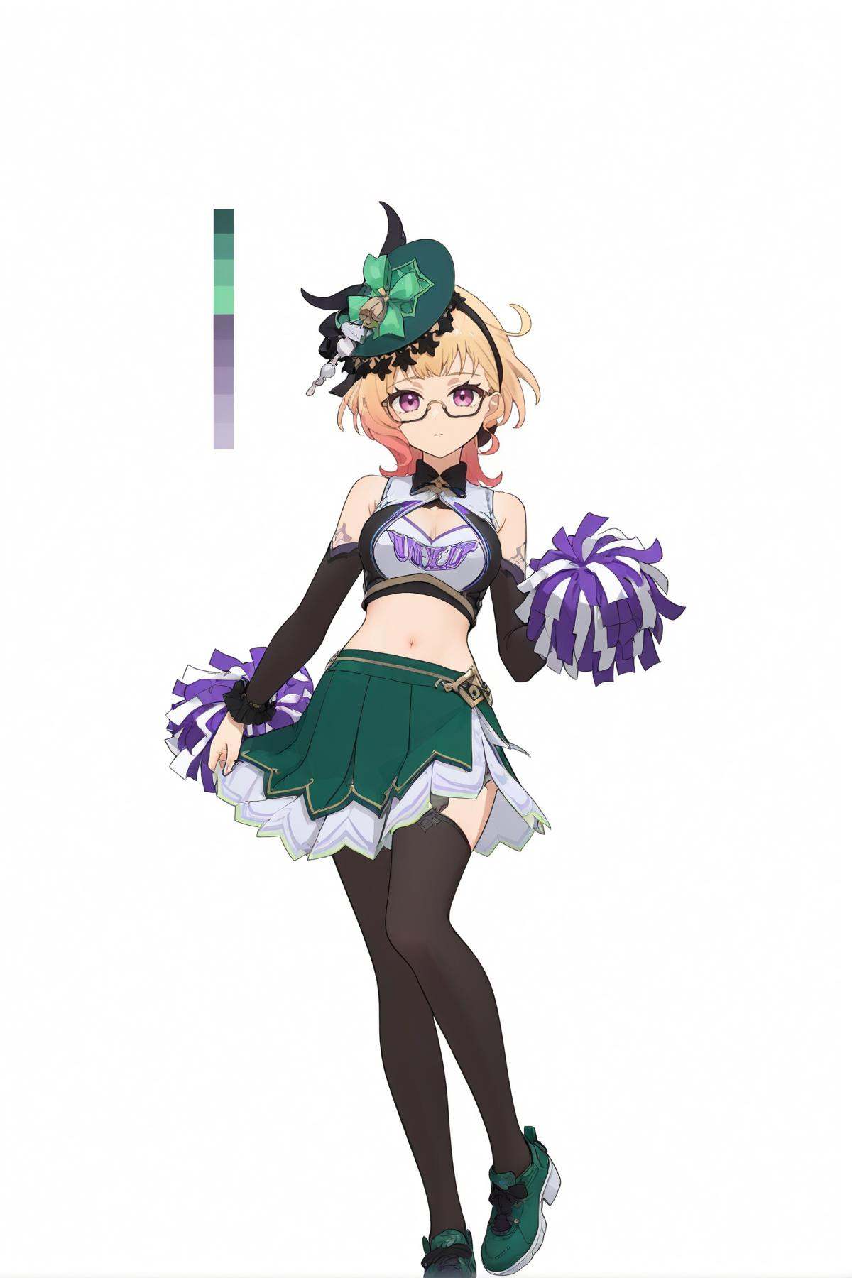 score_9, score_8_up, score_7_up, score_anime, nai3, <lora:YLI 0.1v:0.5>, <lora:style1:0.5>, *****, 8k, best quality, masterpiece, (ultra-detailed), (white background,simple background), solo, (full body:1.1), looking at viewer, <lora:Emilie-atw-Tanger:0.6>, Emilie, 1girl, hat, blonde hair, glasses, green headwear, purple eyes, multicolored hair, cheerleader, 