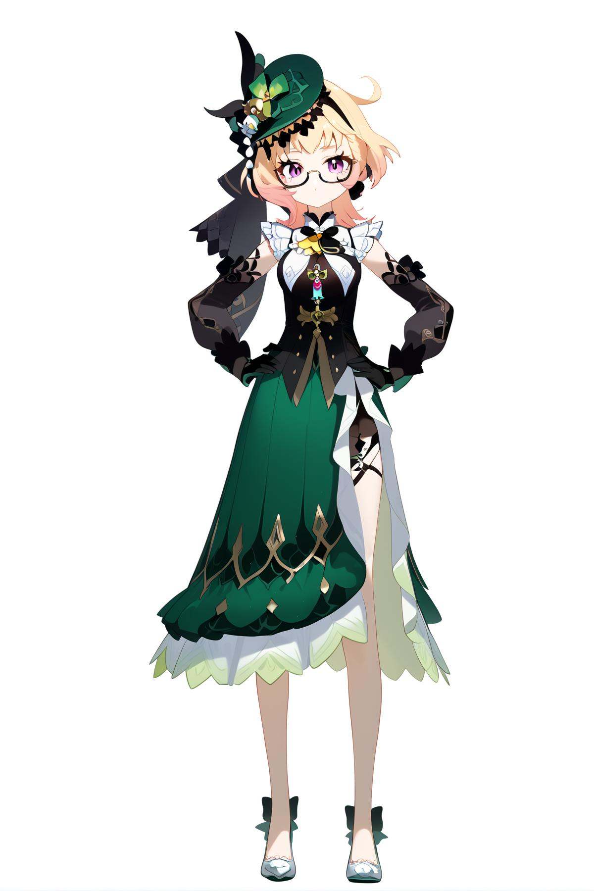 score_9, score_8_up, score_7_up, score_anime, nai3, <lora:YLI 0.1v:0.5>, <lora:style1:0.5>, *****, 8k, best quality, masterpiece, (ultra-detailed), (white background,simple background), solo, (hands on hip:1.1), (full body:1.1), looking at viewer, <lora:Emilie-pony-Tanger:0.8>, Emilie, default clothes, green dress, 1girl, hat, blonde hair, black gloves, glasses, green headwear, purple eyes, multicolored hair, Split skirt side, 