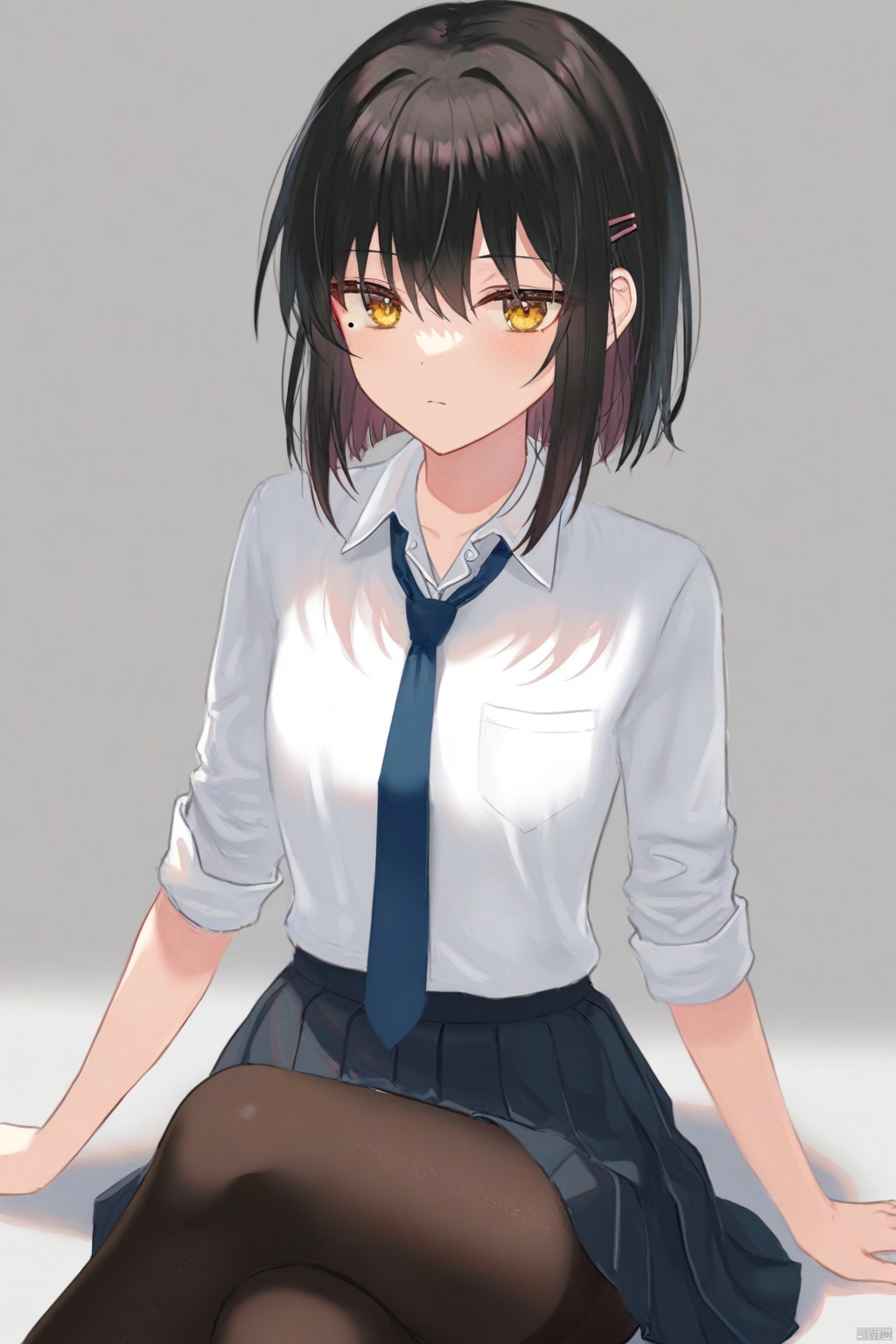 Best-A,(masterpiece),(best quality),best shadow,best light,(colorful),(artist_atdan:1.4),(artist_tokkyu:1.3),(artist_kataokasan:1.3),(artist_ciloranko:1.3),(artist_ru_zhai:1.2),(artist_mignon:1.2),(Artist_rurudo:1.1),(artist_wlop:1.1),[Artist_iei_\(yeahhiei\):0.8],[Artist_hidzzz_pixiv:0.8],[artist_meion:0.8],(Artist_iumu:0.6),[artist_mrito:0.5],[Artist_shengtian:0.5],[Artist_flippy_\(cripine111\):0.5],[artist_Alens:0.5],[Artist_hiten_\(hitenkei\):0.5],[Artist_haneru:0.5],[Artist_miyase_mahiro:0.5],[artist_archive:0.5],[Artist_DIno:0.3],[artist_kizuna_kirameku_koi_iroha:0.3],[Artist_kimishima_ao:0.2],[artist_agwing86:0.1],[Artist_konya_karasue:0.1],simple background,yamada ryo,solo,1girl,short hair,blue hair,parted bangs,asymmetrical sidelocks,hairclip,yellow eyes,mole under eye,expressionless,closed mouth,arm_at_side,sitting,invisible chair,looking at viewer,crossed legs,pantyhose,shimokitazawa high school uniform,long sleeves,sleeves rolled up,white collared shirt,shirt tucked in,pleated skirt,(black skirt:0.9),(blue skirt:0.1),(black pantyhose:0.8),(brown pantyhose:0.2),blue necktie,