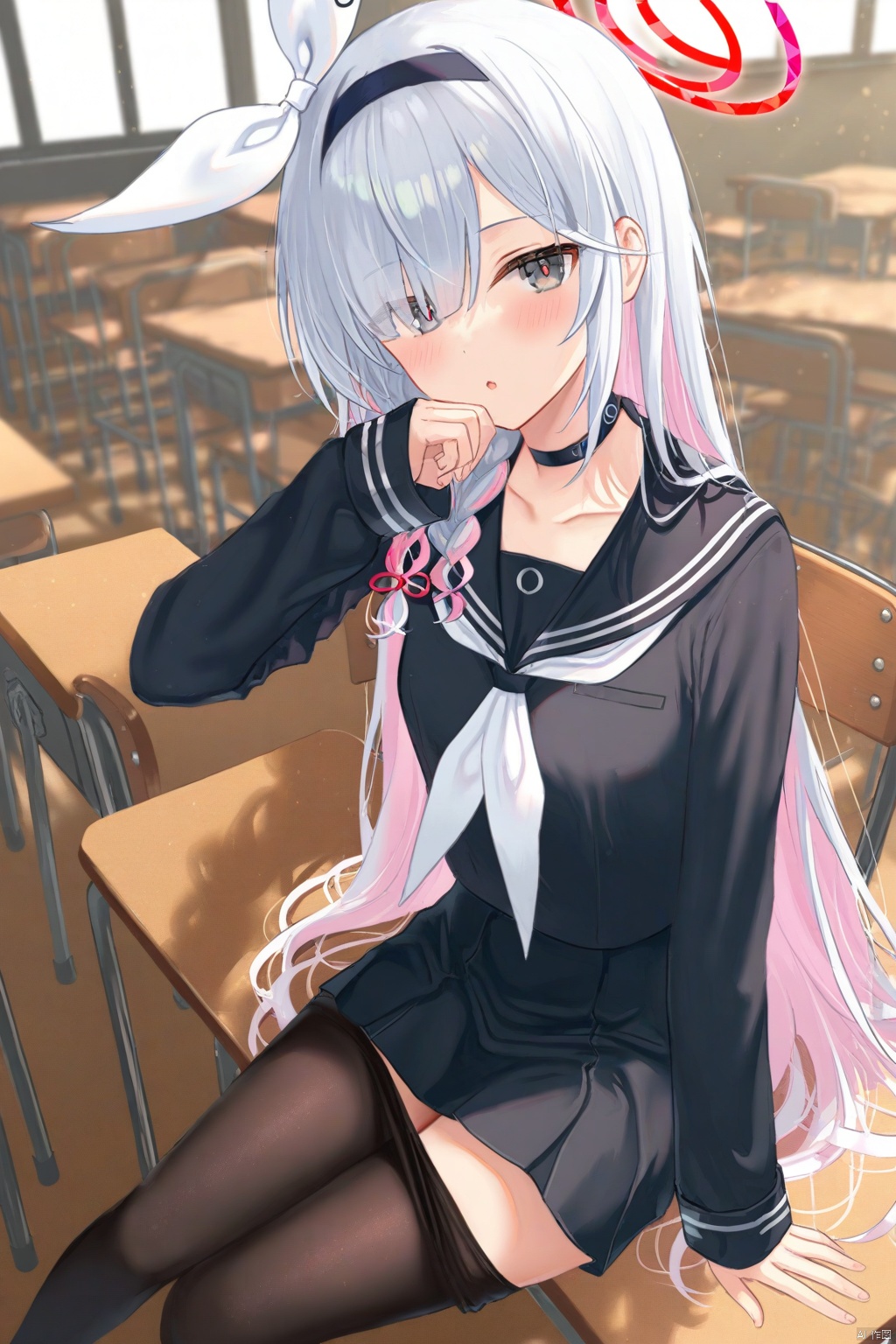 Best-A,(masterpiece),(best quality),best shadow,best light,(colorful),(artist_atdan:1.4),(artist_tokkyu:1.3),(artist_kataokasan:1.3),(artist_ciloranko:1.3),(artist_ru_zhai:1.2),(artist_mignon:1.2),(Artist_rurudo:1.1),(artist_wlop:1.1),[Artist_iei_\(yeahhiei\):0.8],[Artist_hidzzz_pixiv:0.8],[artist_meion:0.8],(Artist_iumu:0.6),[artist_mrito:0.5],[Artist_shengtian:0.5],[Artist_flippy_\(cripine111\):0.5],[artist_Alens:0.5],[Artist_hiten_\(hitenkei\):0.5],[Artist_haneru:0.5],[Artist_miyase_mahiro:0.5],[artist_archive:0.5],[Artist_DIno:0.3],[artist_kizuna_kirameku_koi_iroha:0.3],[Artist_kimishima_ao:0.2],[artist_agwing86:0.1],[Artist_konya_karasue:0.1],1girl,plana (blue archive),solo,halo,pantyhose pull,black choker,long hair,choker,pantyhose,black serafuku,red pupils,hairband,school uniform,looking at viewer,serafuku,black hairband,sitting,chair,school chair,black pantyhose,breasts,white hair,shirt,long sleeves,black sailor collar,braid,colored inner hair,neckerchief,collarbone,pink hair,blush,white neckerchief,thighs,red halo,coat,black shirt,sailor collar,school desk,multicolored hair,hair over one eye,cleavage,black coat,bare shoulders,black eyes,desk,very long hair,single braid,hand on own chin,small breasts,open coat,on chair,eyes visible through hair,pink pupils,grey eyes,parted lips,hair ribbon,ribbon,