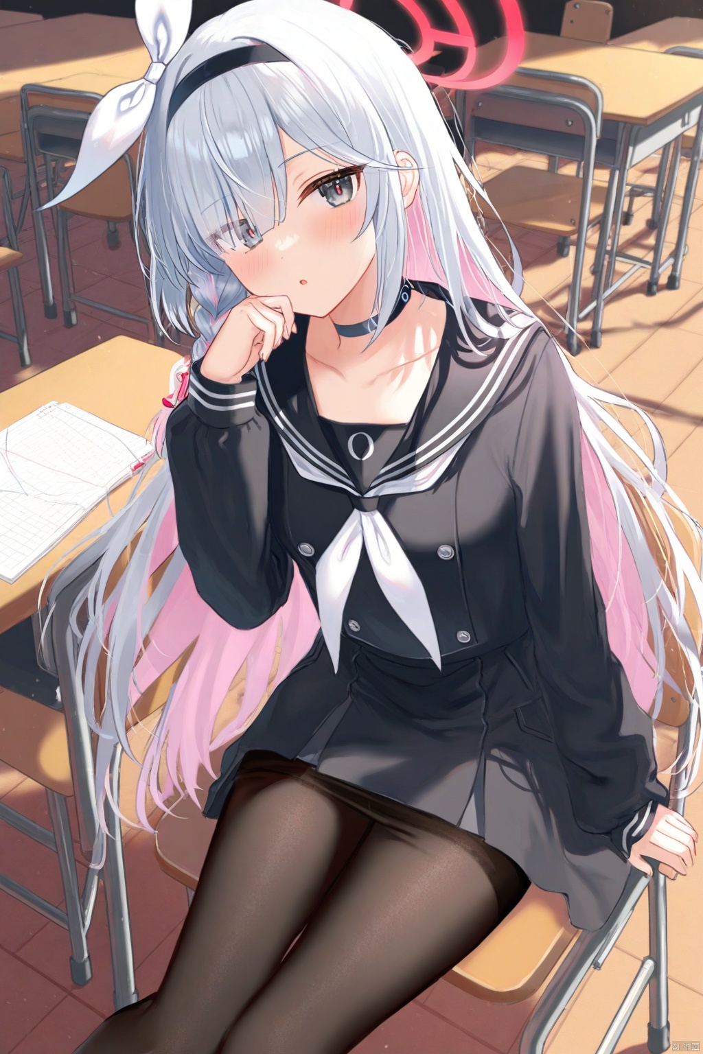 Best-A,(masterpiece),(best quality),best shadow,best light,(colorful),(artist_atdan:1.4),(artist_tokkyu:1.3),(artist_kataokasan:1.3),(artist_ciloranko:1.3),(artist_ru_zhai:1.2),(artist_mignon:1.2),(Artist_rurudo:1.1),(artist_wlop:1.1),[Artist_iei_\(yeahhiei\):0.8],[Artist_hidzzz_pixiv:0.8],[artist_meion:0.8],(Artist_iumu:0.6),[artist_mrito:0.5],[Artist_shengtian:0.5],[Artist_flippy_\(cripine111\):0.5],[artist_Alens:0.5],[Artist_hiten_\(hitenkei\):0.5],[Artist_haneru:0.5],[Artist_miyase_mahiro:0.5],[artist_archive:0.5],[Artist_DIno:0.3],[artist_kizuna_kirameku_koi_iroha:0.3],[Artist_kimishima_ao:0.2],[artist_agwing86:0.1],[Artist_konya_karasue:0.1],1girl,plana (blue archive),solo,halo,pantyhose pull,black choker,long hair,choker,pantyhose,black serafuku,red pupils,hairband,school uniform,looking at viewer,serafuku,black hairband,sitting,chair,school chair,black pantyhose,breasts,white hair,shirt,long sleeves,black sailor collar,braid,colored inner hair,neckerchief,collarbone,pink hair,blush,white neckerchief,thighs,red halo,coat,black shirt,sailor collar,school desk,multicolored hair,hair over one eye,cleavage,black coat,bare shoulders,black eyes,desk,very long hair,single braid,hand on own chin,small breasts,open coat,on chair,eyes visible through hair,pink pupils,grey eyes,parted lips,hair ribbon,ribbon,