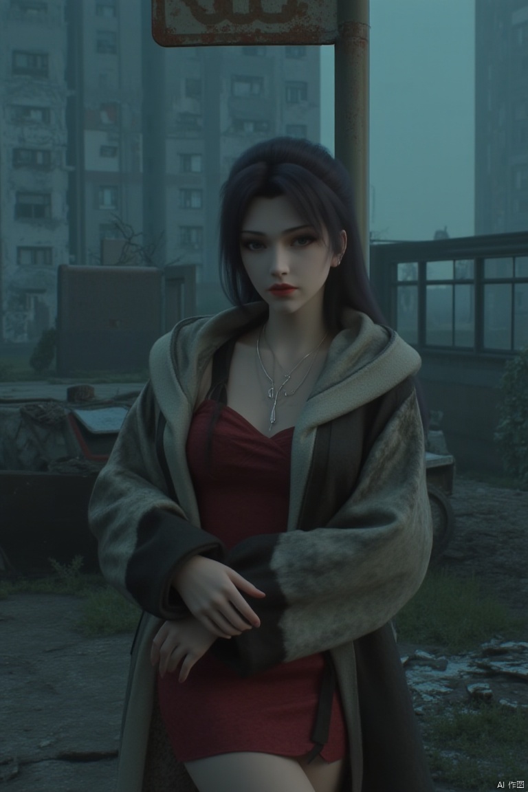 A serene 8K photo, eye shadow, red lips,  Added a whimsical atmosphere. delicate face, 
A photorealistic image of a woman leaning against a rusty bus stop sign in an abandoned Russian suburb., She is dressed in a short,tight red dress with thigh-high boots and a fur coat that barely covers her shoulders., The bus stop is surrounded by broken-down vehicles and piles of litter. The distant high-rise buildings are crumbling,with broken windows and graffiti marking the walls., Her expression is blank,and the dim,cold streetlight casts eerie shadows across her face,emphasising the emptiness of the desolate surroundings.,,
﻿﻿