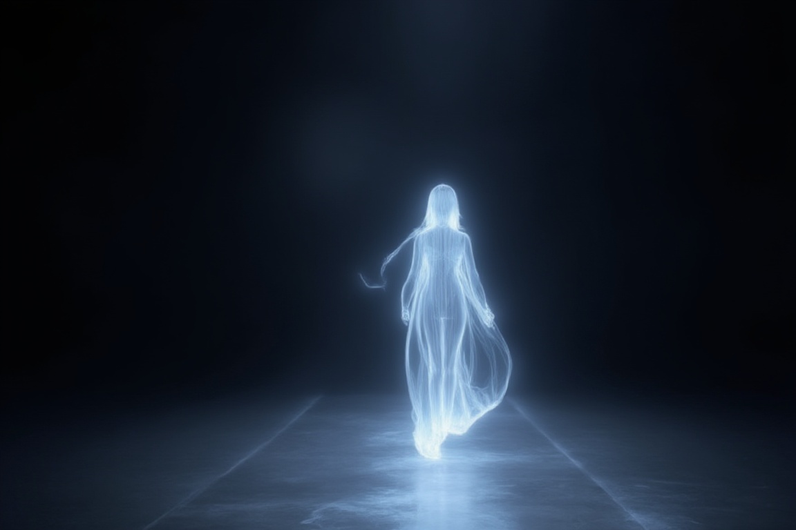 A dreamlike tableau: A translucent woman en pointe glides across the lunar-lit walkway,  her diaphanous form glowing like...
