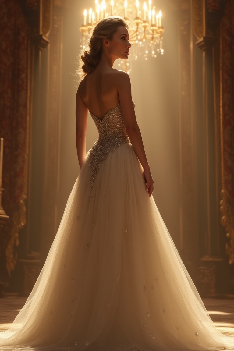 A regal princess stands tall in a grand throne room,  adorned with opulent tapestries and glittering chandeliers. Soft,  g...
