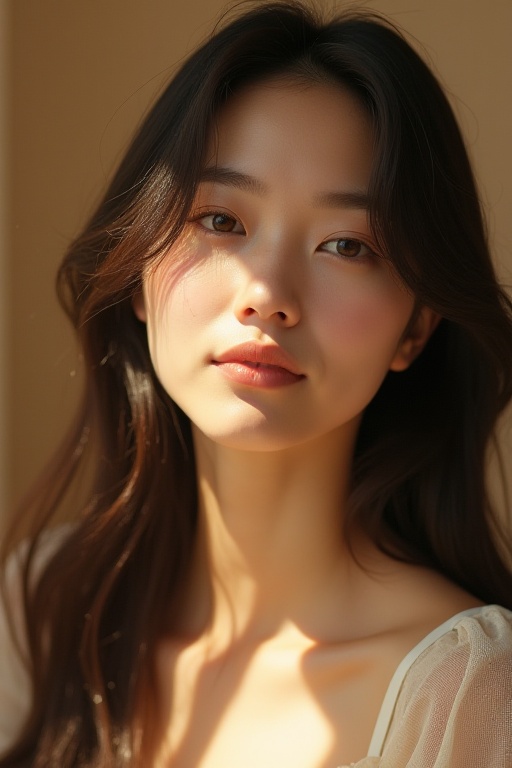A soft-focused portrait of a woman with gentle features and subtle smile,  captured against a warm beige background. Her d...