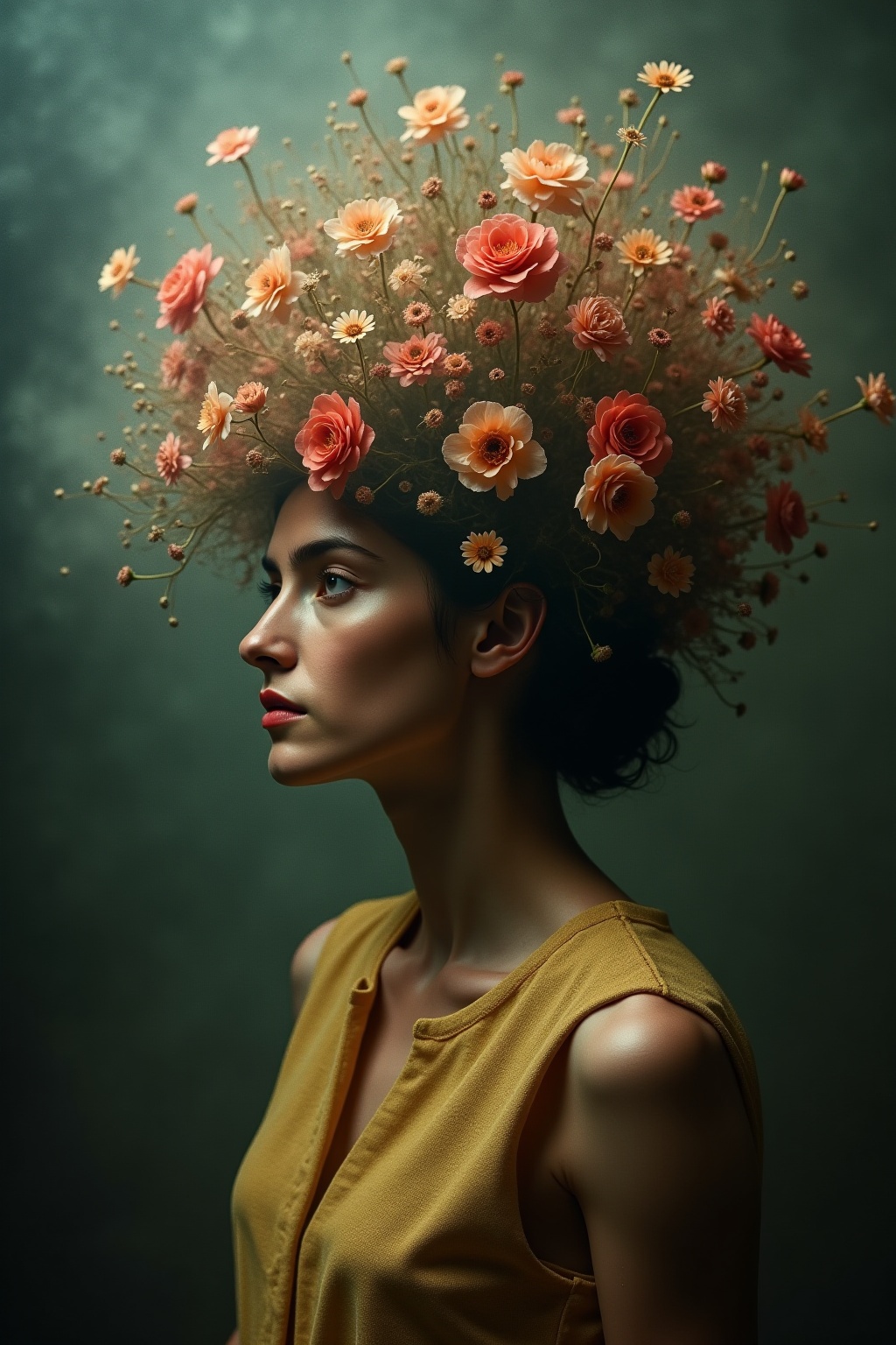 Avant-garde vintage-inspired portrait of a woman in floralOrdered chaos,  enveloped in a dramatic,  ethereal haze with con...