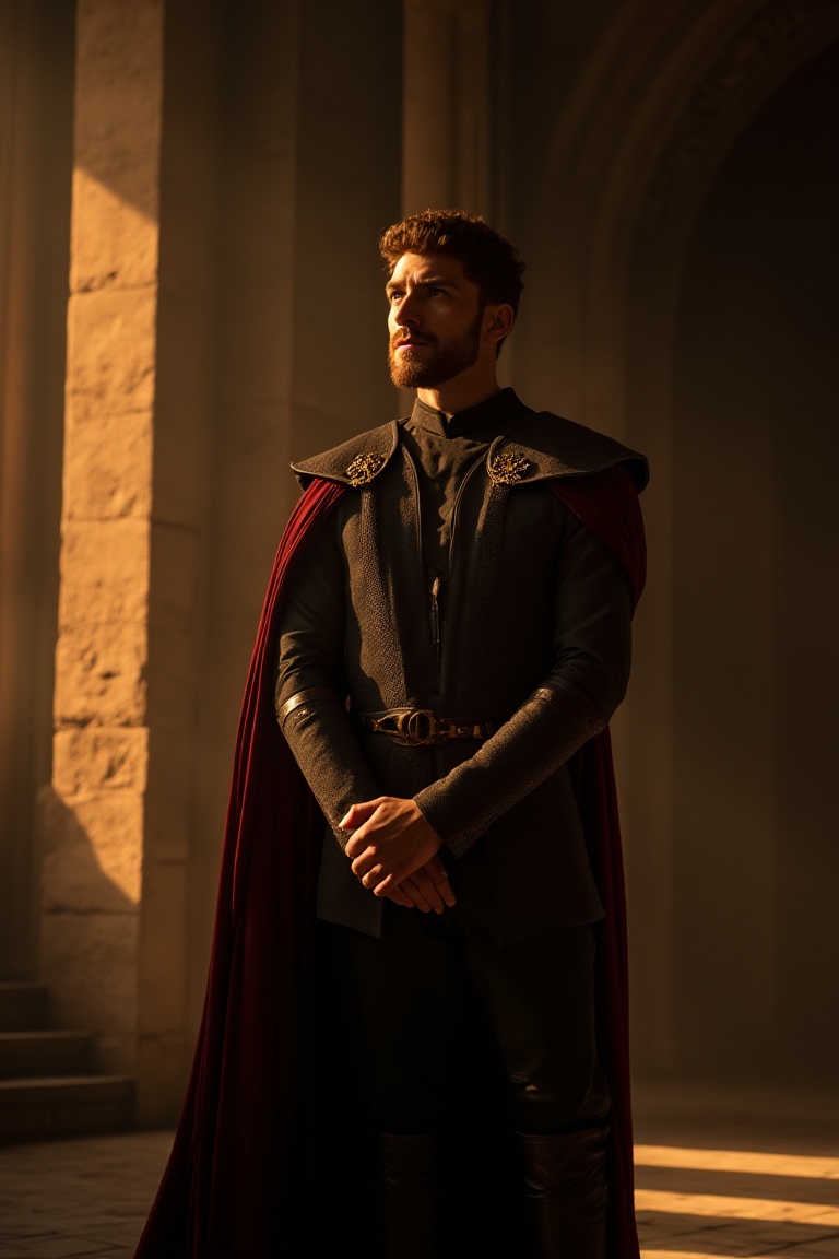 A prince stands majestically in a dimly lit throne room,  his regal attire illuminated by soft golden light casting dramat...