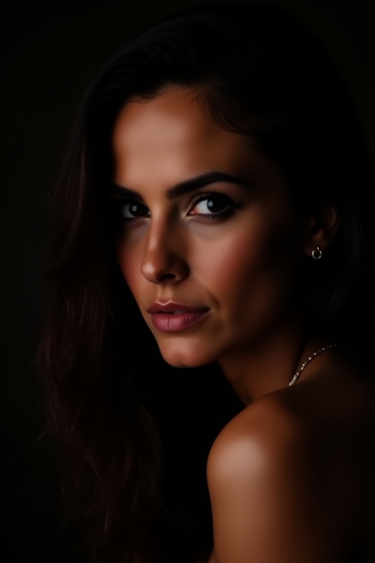 A captivating portrait of a woman,  softly focused on her face aglow with warmth from an overhead light,  subtle shadows d...