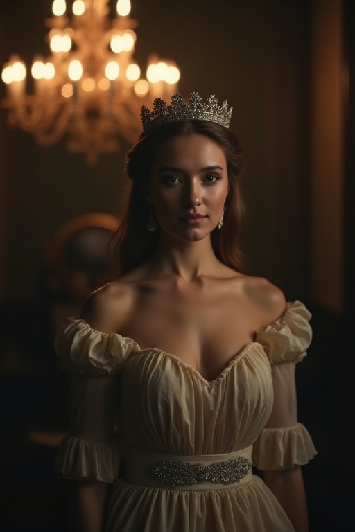 A regally stoic woman adorned in serene elegance poses with an enigmatic smile,  bathed in the soft,  melancholic light of...