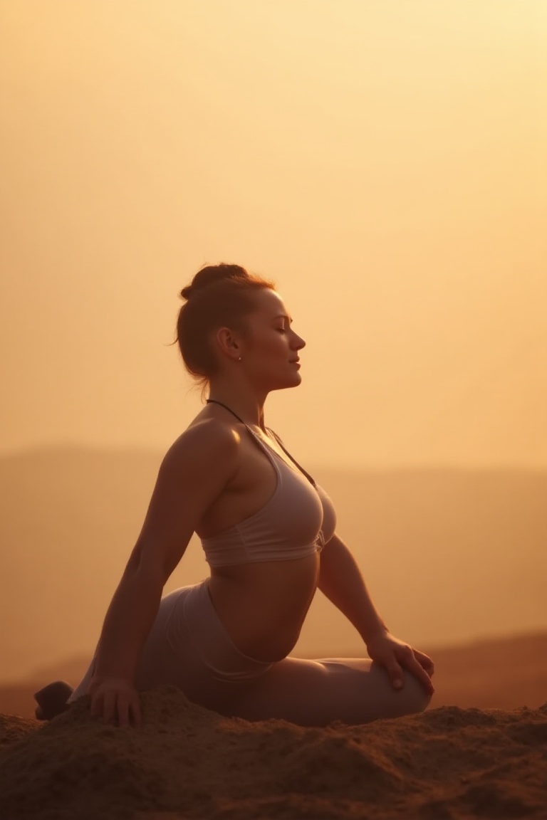 Serene yogi poses in Virabhadrasana (Warrior Pose) against a subtle gradient background,  soft warm light illuminating the...