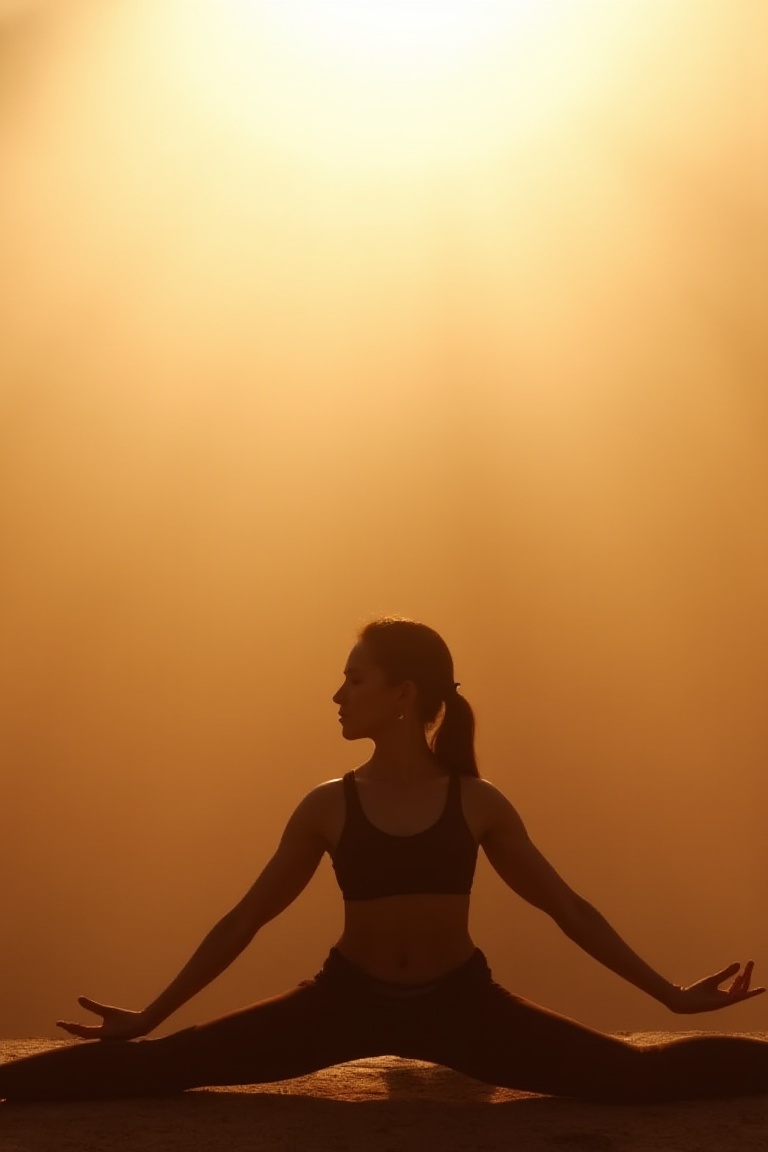 A serene Virabhadrasana pose is captured against a soft,  subtle gradient background,  bathed in warm light from above. Th...