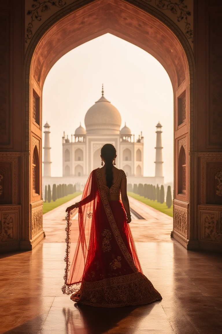 A majestic Indian princess stands within the grandiose archways of the Taj Mahal's marble mausoleum,  her intricately embr...