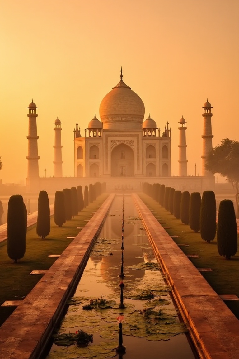 A majestic Taj Mahal at sunset,  with warm golden light illuminating its marble façade. The intricate inlays and calligrap...