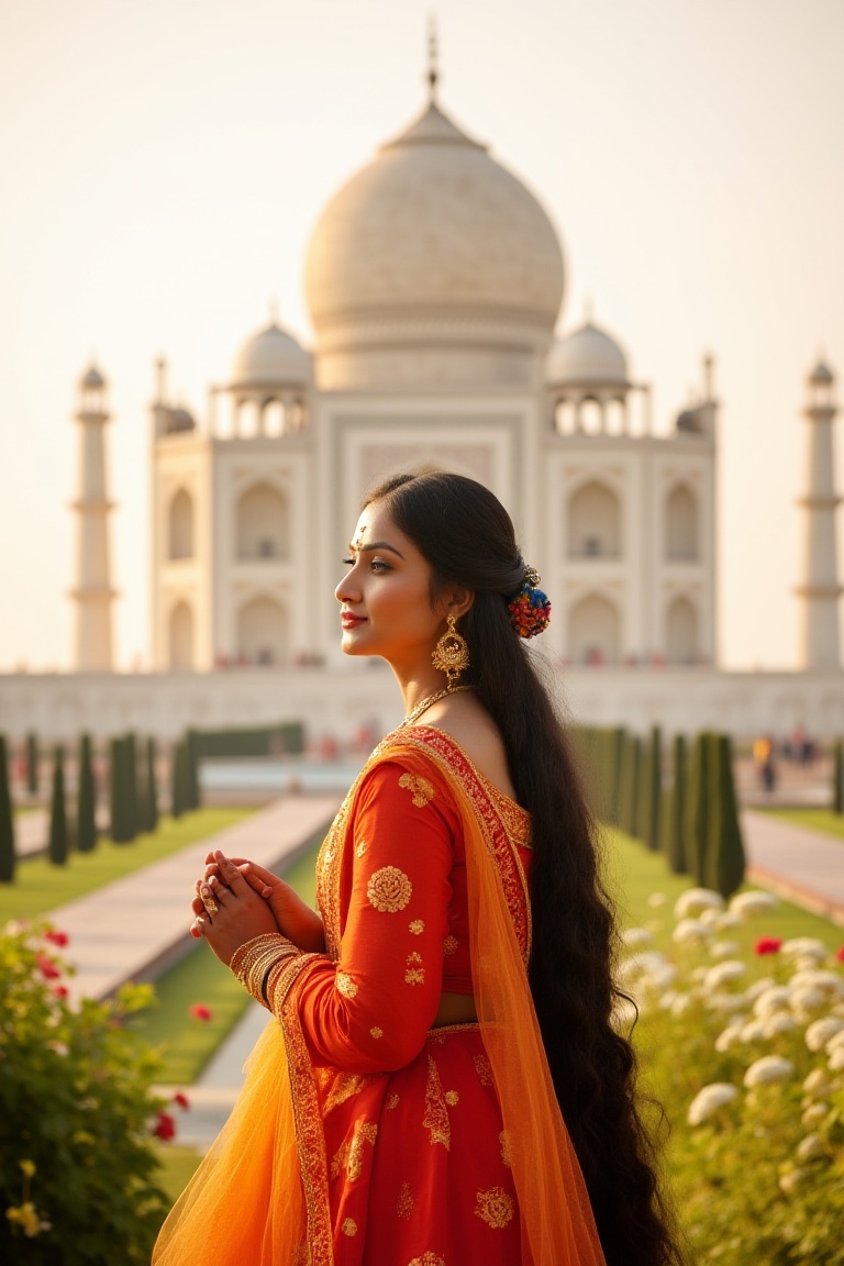A stately Indian princess,  adorned in vibrant attire,  stands proudly before the majestic Taj Mahal's intricately carved...