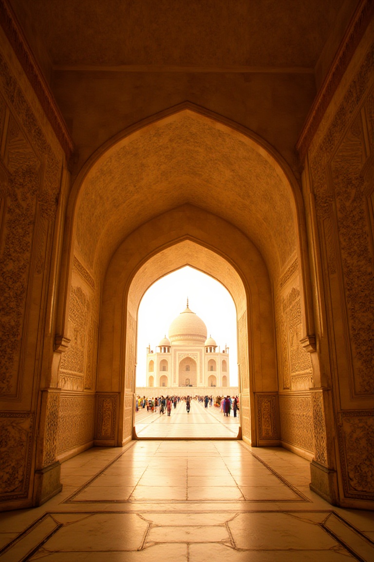 A majestic interior view of the Taj Mahal's marble mausoleum,  with intricate inlays and calligraphy adorning the walls. S...