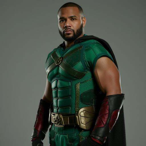 A man wearing a SouljarBoi Costume,  The costume is predominantly green and its adorned with gentle gold and black element...