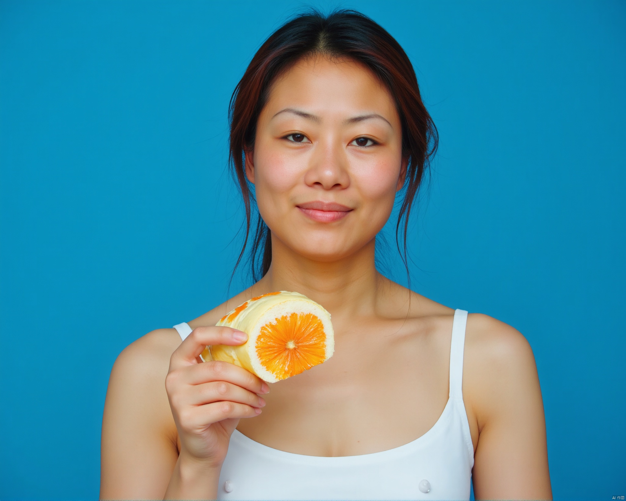 Bread portrait of a girl, blue background, single person