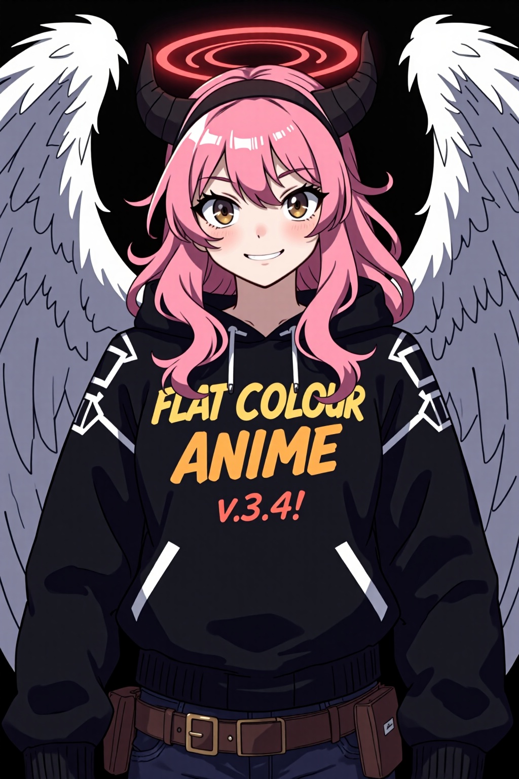 Flat colour anime style image showing an ***** woman with white angel wings,  black devil horns and a black headband,  red...