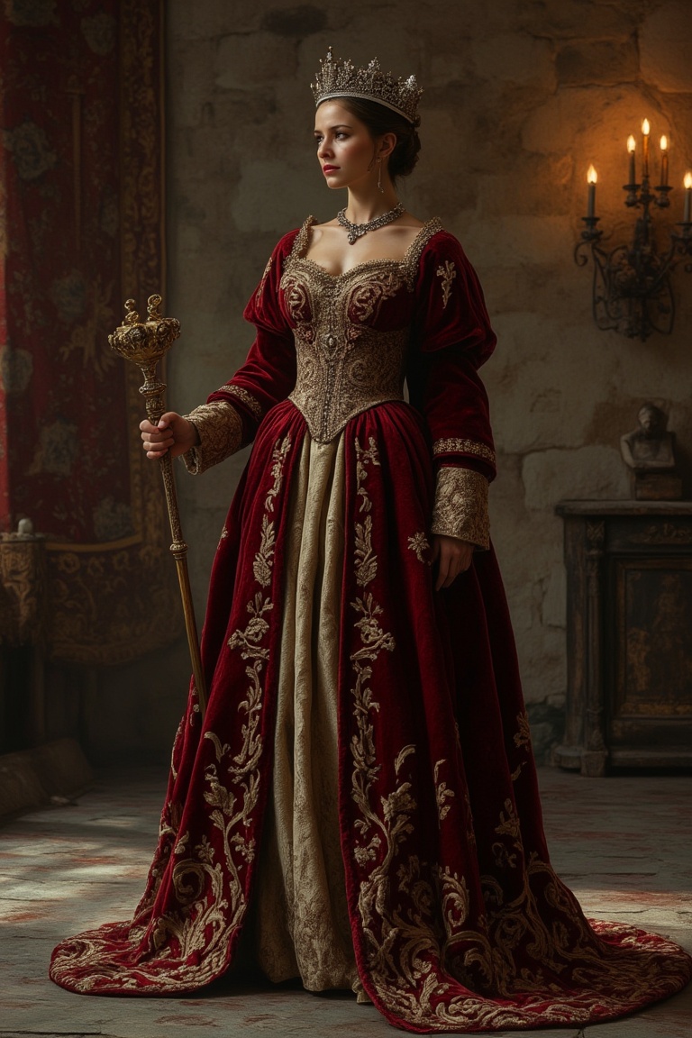 A medieval princess,  standing regally in a grand castle hall,  wearing a flowing velvet gown with intricate gold embroide...