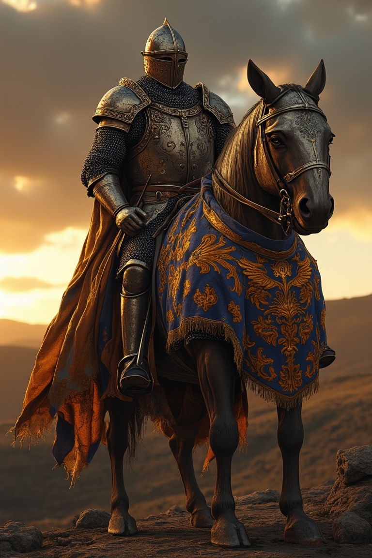 A medieval warrior in full plate armour,  mounted on a powerful warhorse,  standing in a rugged battlefield. The warrior's...