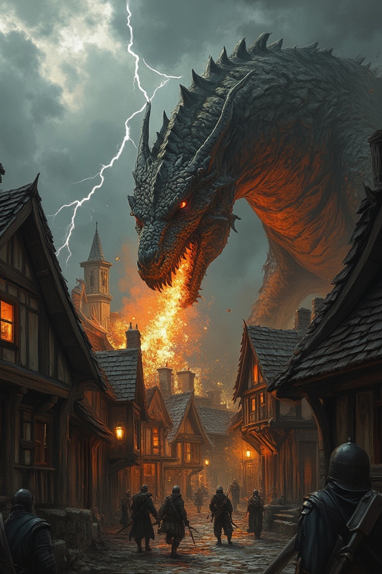 A medieval village under siege,  with a massive dragon breathing fire upon wooden houses. The village is in chaos,  with w...