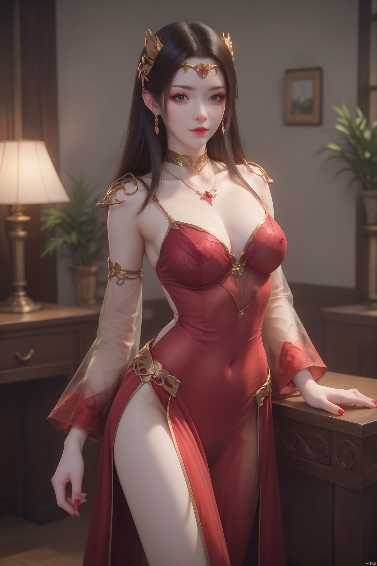 score_9, score_8_up, score_7_up,highly detailed digital,1 girl,red dress,She has pale, almost translucent skin,1girl,meidusha