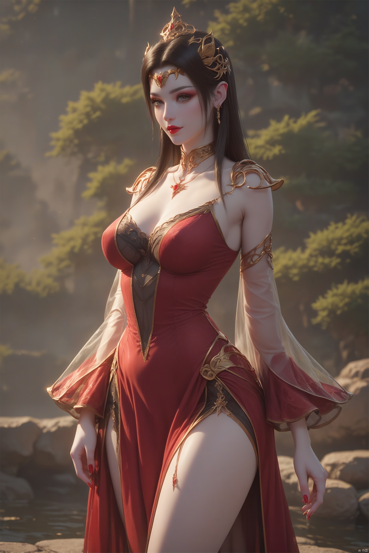 score_9, score_8_up, score_7_up,highly detailed digital,1 girl,red dress,She has pale, almost translucent skin,1girl,meidusha