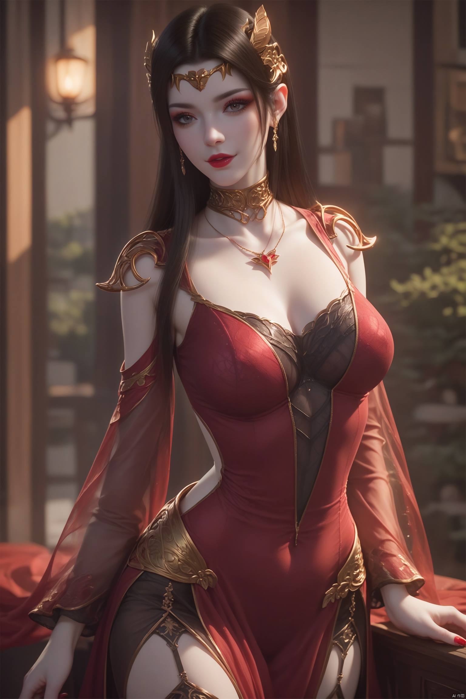 score_9, score_8_up, score_7_up,highly detailed digital,1 girl,red dress,She has pale, almost translucent skin,1girl,meidusha