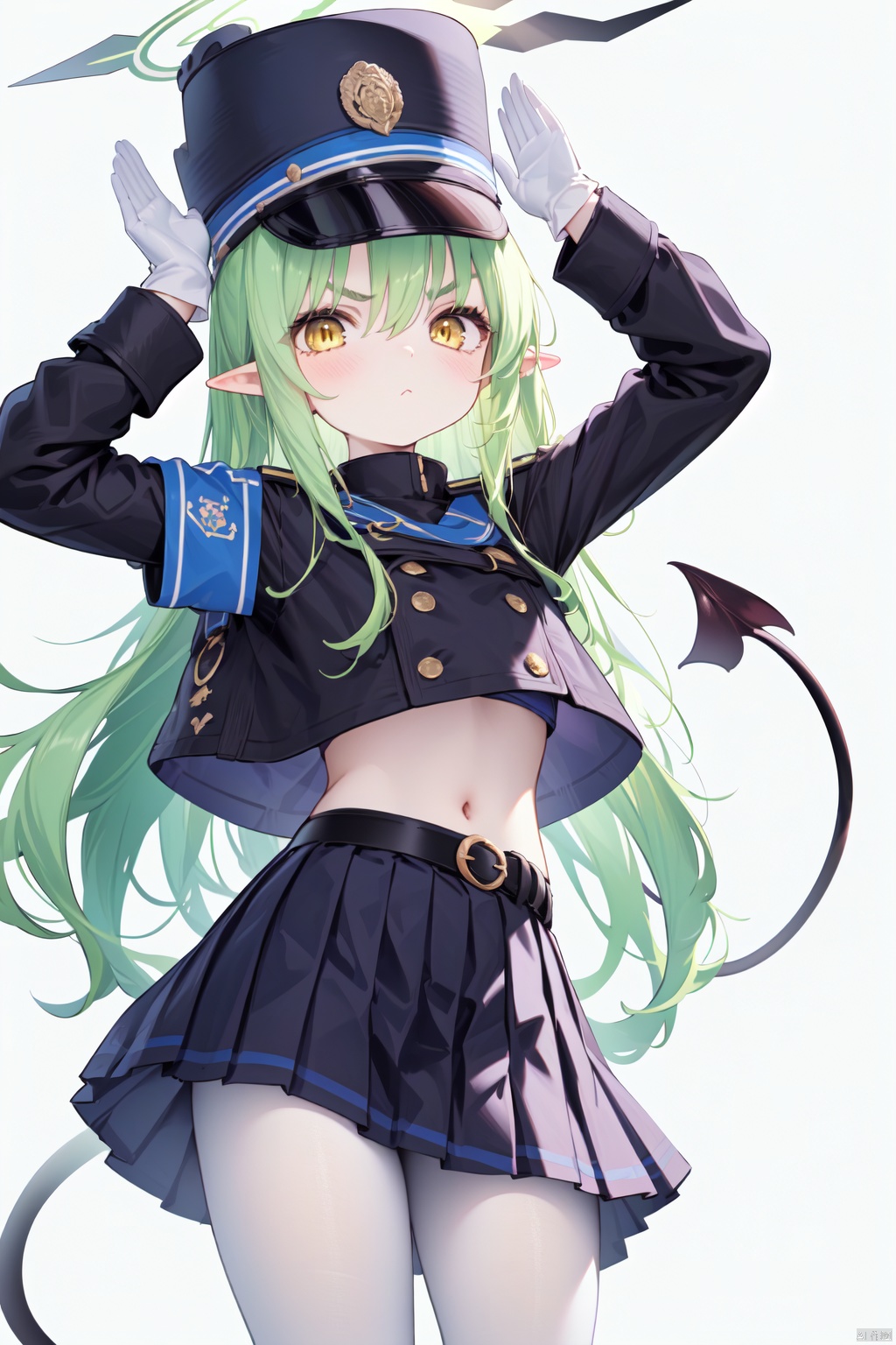 nai3,( beautiful),(high quality),(finely detailed),extremely detailed CG unity 8k wallpaper,best quality, 1girl, solo, long hair, looking at viewer, blush, bangs, skirt, simple background, gloves, long sleeves, hat, white background, navel, hair between eyes, very long hair, jacket, tail, yellow eyes, pantyhose, sidelocks, cowboy shot, pleated skirt,  green hair, pointy ears, midriff, belt, white gloves, black skirt, uniform, arms up, black jacket, crop top, v-shaped eyebrows, black headwear, demon tail, armband, peaked cap, white pantyhose, black belt, ((green halo)), hikariBA, :<
