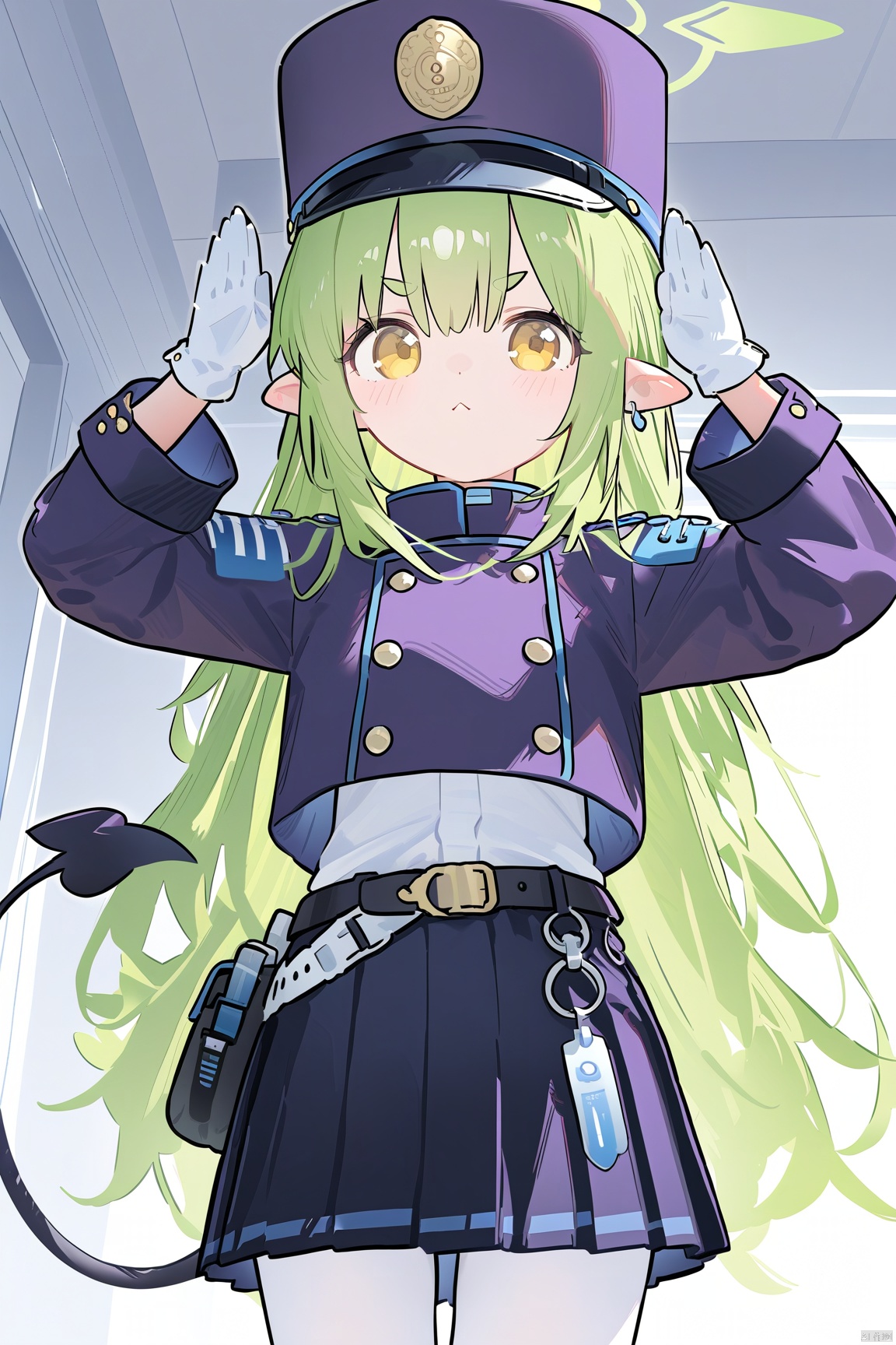  1girl,(masterpiece:1.3),( beautiful:1.2),(high quality:1.2),(finely detailed:1.2),extremely detailed CG unity 8k wallpaper,best quality,a very delicate and beautiful,perfect fingers,(one cute girl at the center:1.2),loli,
1girl, solo, long hair, looking at viewer, bangs, skirt, simple background, shirt, gloves, long sleeves, hat, white background, hair between eyes, very long hair, closed mouth, jacket, tail, yellow eyes, white shirt, pantyhose, pleated skirt, green hair, pointy ears, belt, white gloves, black skirt, arms up, v-shaped eyebrows, hands up, black headwear, halo, thick eyebrows, demon tail, armband, peaked cap, :<, blue headwear, white pantyhose, short eyebrows, purple jacket,hikariBA