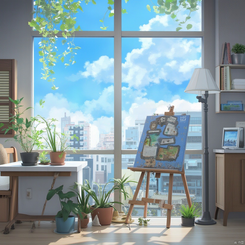 anime since, scenery, no humans, paintbrush, cloud, sky, plant, palette \(object\), potted plant, window, canvas \(object\), day, lamp, indoors, paint, building, blue sky, book, tree, cityscape, easel, table