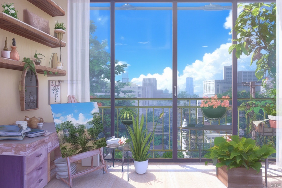 anime since, scenery, no humans, paintbrush, cloud, sky, plant, palette \(object\), potted plant, window, canvas \(object\), day, lamp, indoors, paint, building, blue sky, book, tree, cityscape, easel, table