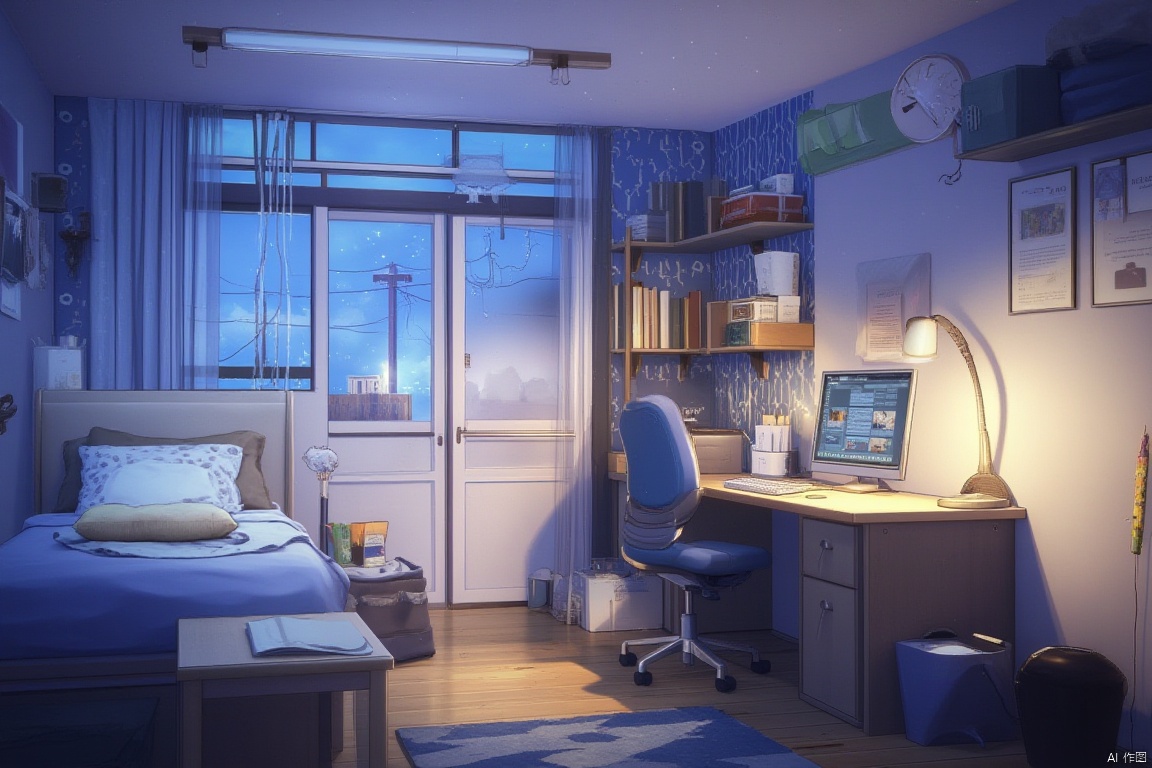 anime since, no humans, scenery, window, lamp, indoors, bed, chair, night, computer, curtains, pillow, desk, sky, bedroom, swivel chair, book, monitor, box, office chair, desk lamp, table, laptop, keyboard \(computer\), clock