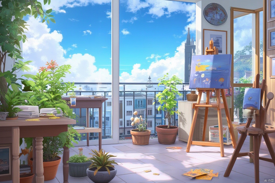 anime since, scenery, no humans, paintbrush, cloud, sky, plant, palette \(object\), potted plant, window, canvas \(object\), day, lamp, indoors, paint, building, blue sky, book, tree, cityscape, easel, table