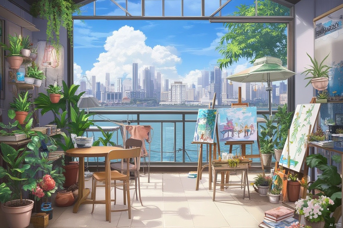 anime since, scenery, no humans, paintbrush, cloud, sky, plant, palette \(object\), potted plant, window, canvas \(object\), day, lamp, indoors, paint, building, blue sky, book, tree, cityscape, easel, table