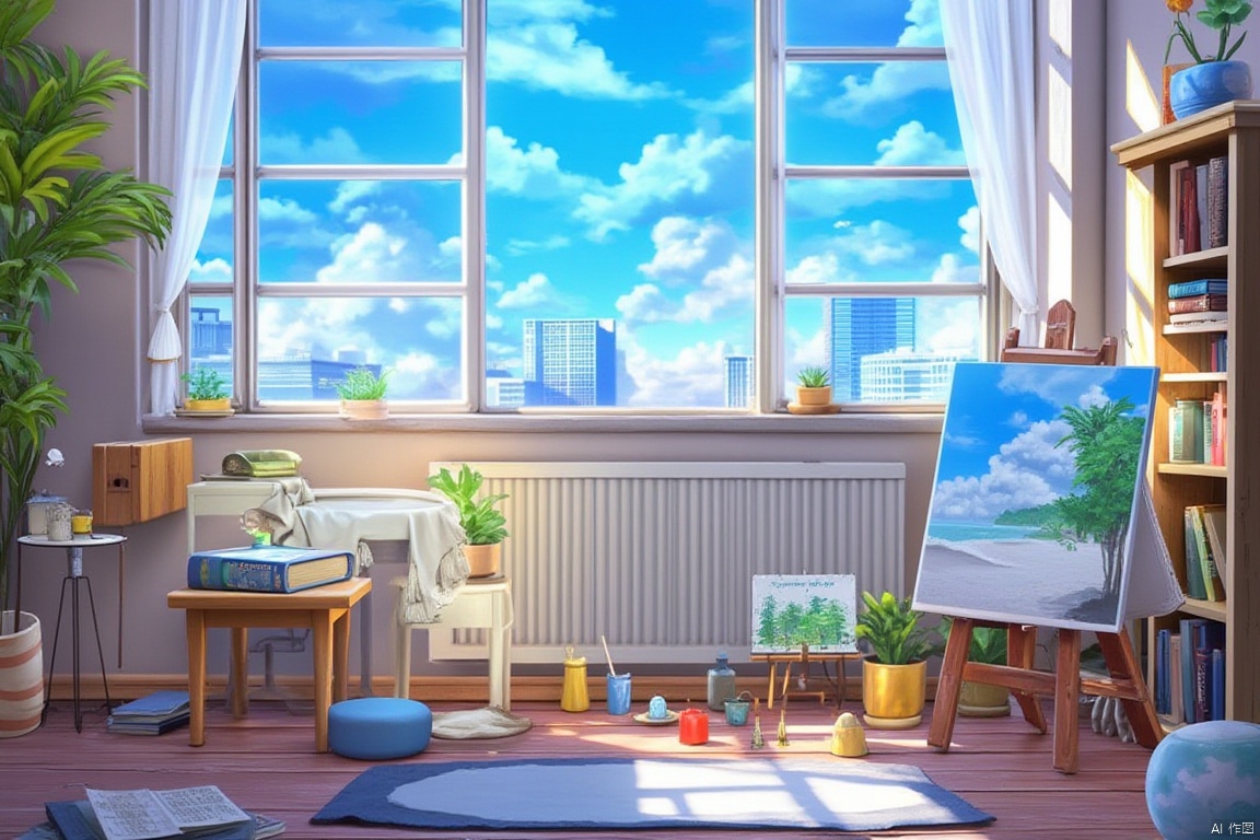 anime since, scenery, no humans, paintbrush, cloud, sky, plant, palette \(object\), potted plant, window, canvas \(object\), day, lamp, indoors, paint, building, blue sky, book, tree, cityscape, easel, table