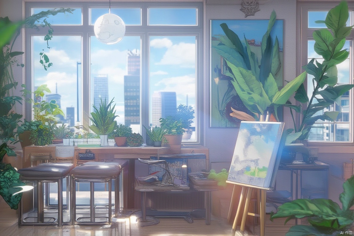 anime since, scenery, no humans, paintbrush, cloud, sky, plant, palette \(object\), potted plant, window, canvas \(object\), day, lamp, indoors, paint, building, blue sky, book, tree, cityscape, easel, table