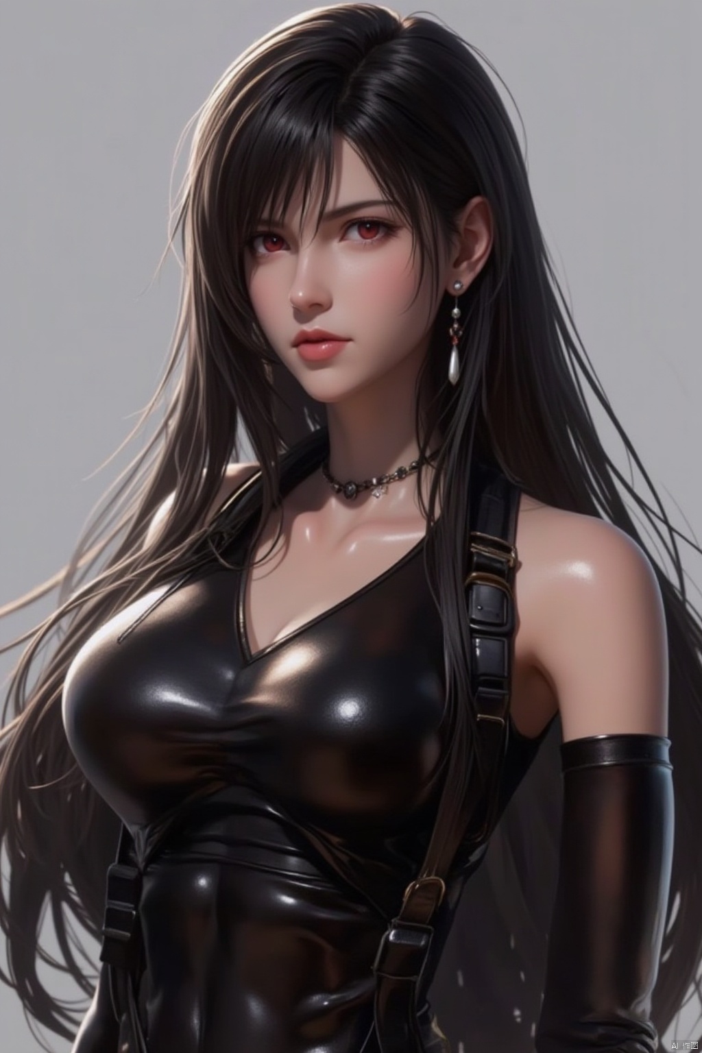 1girl, solo, long hair, breasts, looking at viewer, bangs, large breasts, black hair, red eyes, gloves, bare shoulders, brown eyes, jewelry, closed mouth, collarbone, upper body, earrings, black gloves, elbow gloves, shiny, lips, suspenders,  skin tight, shiny clothes, taut clothes, dangle earrings, tifa lockhart