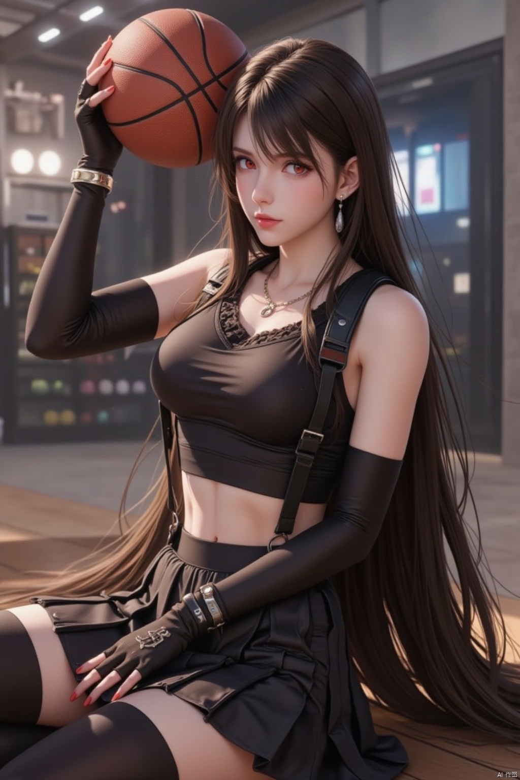 1girl, solo, long hair, breasts, looking at viewer, bangs, skirt, large breasts, brown hair, black hair, red eyes, thighhighs, gloves, navel, holding, cleavage, bare shoulders, jewelry, sitting, very long hair, pleated skirt, earrings, black gloves, elbow gloves, midriff, black thighhighs, miniskirt, fingerless gloves, necklace, arm up, lips, zettai ryouiki, crop top, suspenders,ball, low-tied long hair, sports bra, suspender skirt, taut clothes, taut shirt, holding ball, basketball, dangle earrings, gym, tifa lockhart