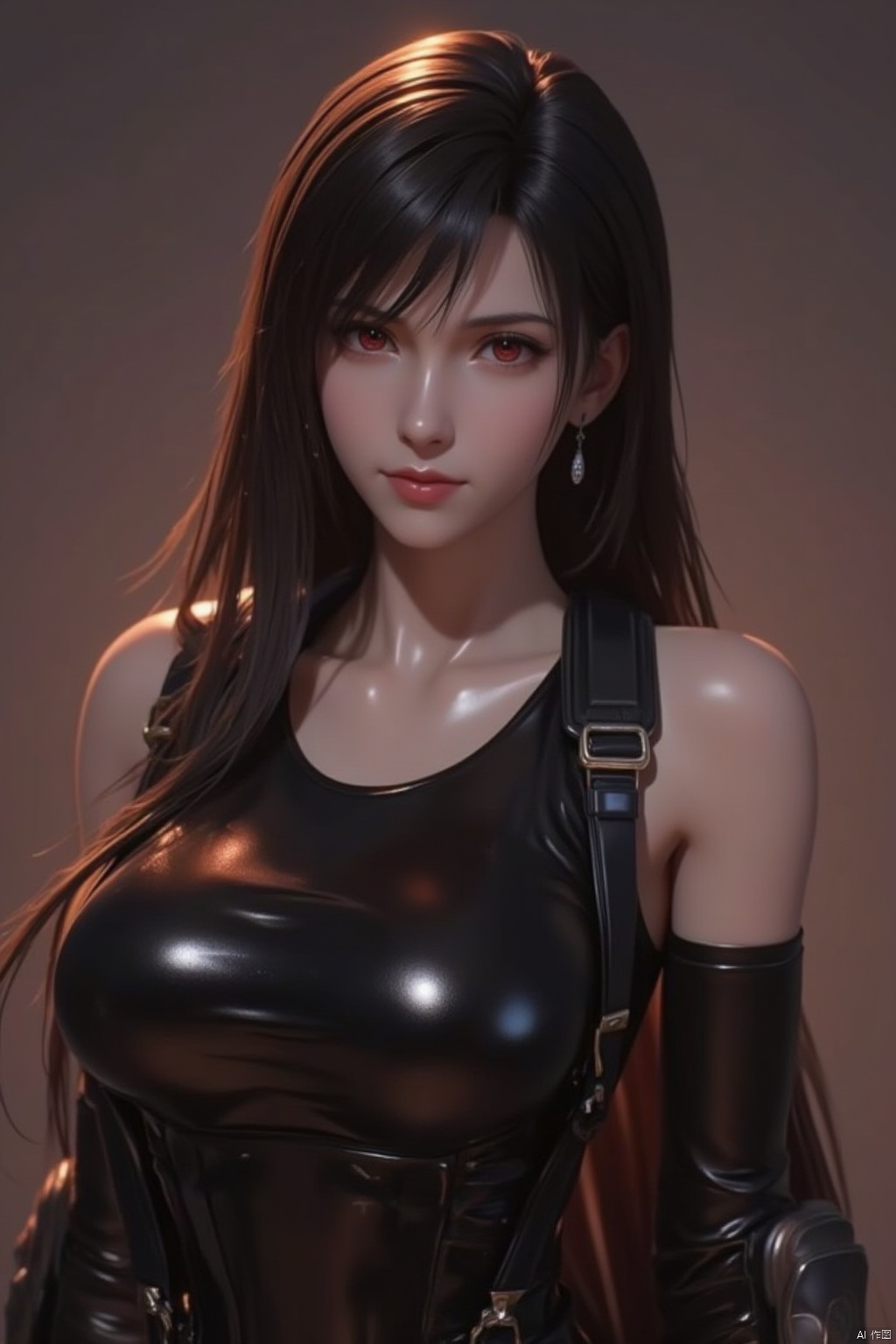 1girl, solo, long hair, breasts, looking at viewer, bangs, large breasts, black hair, red eyes, gloves, bare shoulders, brown eyes, jewelry, closed mouth, collarbone, upper body, earrings, black gloves, elbow gloves, shiny, lips, suspenders,  skin tight, shiny clothes, taut clothes, dangle earrings, tifa lockhart