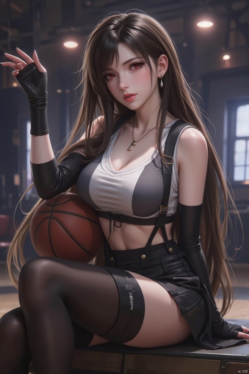 1girl, solo, long hair, breasts, looking at viewer, bangs, skirt, large breasts, brown hair, black hair, red eyes, thighhighs, gloves, navel, holding, cleavage, bare shoulders, jewelry, sitting, very long hair, pleated skirt, earrings, black gloves, elbow gloves, midriff, black thighhighs, miniskirt, fingerless gloves, necklace, arm up, lips, zettai ryouiki, crop top, suspenders,ball, low-tied long hair, sports bra, suspender skirt, taut clothes, taut shirt, holding ball, basketball, dangle earrings, gym, tifa lockhart