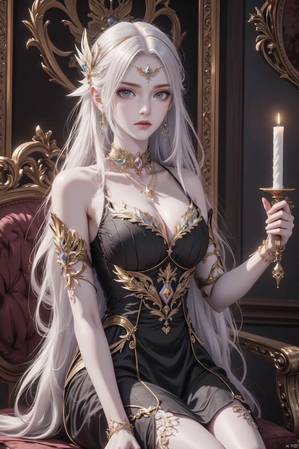 1girl, solo, long hair, breasts, looking at viewer, hair ornament, dress, holding, bare shoulders, jewelry, sitting, white hair, earrings, indoors, black dress, bracelet, grey eyes, armlet, candle